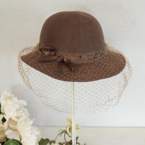 Vintage 1950s 1960s Hat With Veil, Brown Wool Felt Wide Brimmed Hat with Ribbon